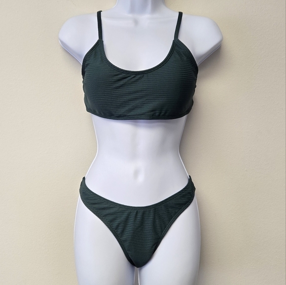 Zaful Scoop Neck Ribbed Bikini Set 2 piece Green 8 - Picture 1 of 11